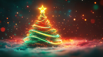 Abstract neon Christmas tree with swirling green lights