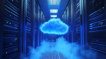 Poster - Cloud Technology. A Blue Cloud Hovering in a Server Room, Symbolizing Digital Transformation