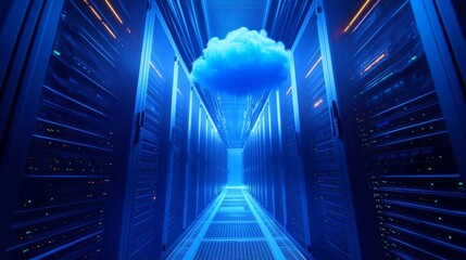 Poster - Cloud Technology. A Blue Cloud Hovering in a Server Room, Symbolizing Digital Transformation