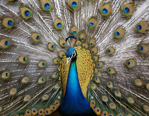 Enchanting Peacock with Golden Brushstrokes on Textured Blue and Gray Background, Modern Oil Painting