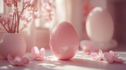 Poster - Minimal setup with a soft pink Easter egg and a few petals on a smooth pale yellow background The balance between soft colors and space makes it ideal for a refined holiday greeting