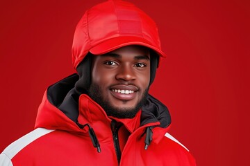 A cheerful young man in a vibrant red winter jacket against a bold backdrop. Generative AI