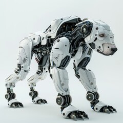 Poster - White futuristic robot dog with exposed wires and mechanics is standing on a white background