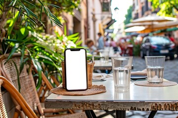 Realistic POV capture showing a hand holding a mobile phone with a blank white screen open to a messaging app interface Stock Photo with copy space

