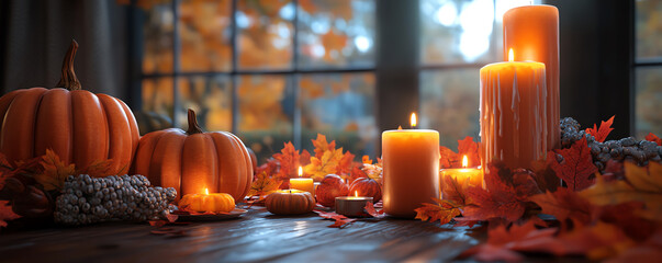 Thanksgiving dinner table with pumpkins, warm candles, fall leaves, cozy atmosphere