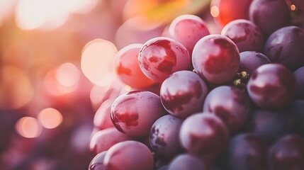 Close-up of ripe red grapes on the vine with a blurred background of sunlight shining through the leaves.