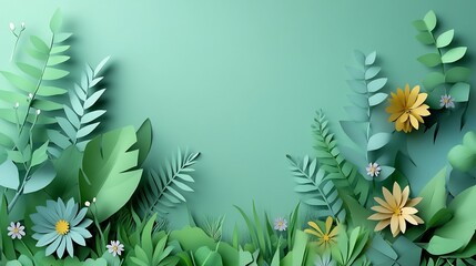 Poster - Minimalist springthemed design showcasing an empty papercut nature icon within an elegant paper frame The fresh greens and subtle floral motifs create a serene atmosphere perfect for springtime