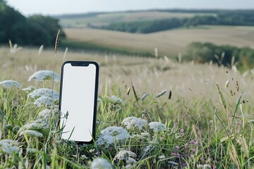 realistic pov capture showing a hand holding a mobile phone with a blank white screen open to a mess
