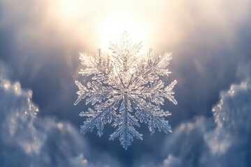 Aufkleber - Delicate snowflakes with intricate designs are spotlighted by soft light against a cloudy winter backdrop. Generative AI