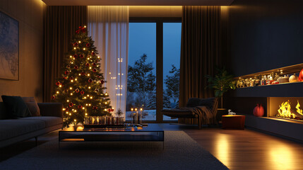 Wall Mural - christmas tree decorated with lights and gifts inside the house with fireplace