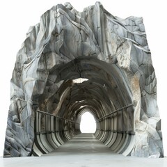 Poster - Tunnel made of concrete cutting through a huge rock mountain leading to the bright outdoors