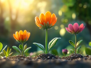 Three flowers growing in the ground, with sunlight shining on the two taller flowers.