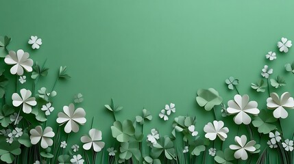 Fototapete - Modern St Patrick's Day banner featuring minimalist paper art clovers on a fresh green background designed with copy space for adding cheerful holiday messages