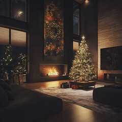 Wall Mural - christmas tree decorated with lights and gifts inside the house with fireplace