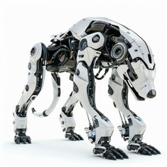 Poster - White futuristic robot dog with exposed mechanisms stands on a white background