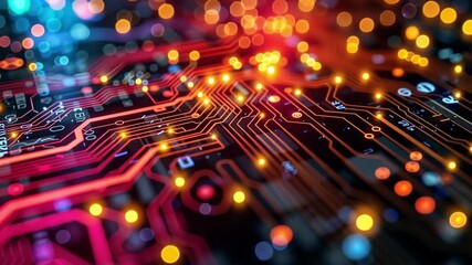 Leinwandbilder - The circuit board features detailed pathways and vibrant lights, highlighting the complexity of technology. This close-up captures the essence of modern electronics illuminated in a dark setting.