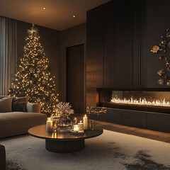 Wall Mural - christmas tree decorated with lights and gifts inside the house with fireplace