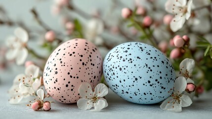Poster - Pair of colorful eggs arranged on a smooth white background with minimalist floral accents The soft hues and simple composition create an elegant modern Easter card layout with room for text