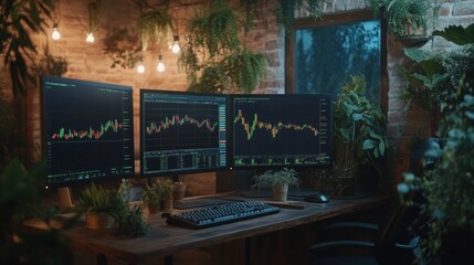 Poster - High-tech control room with multiple monitors displaying stock charts and financial data.