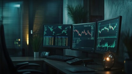 Poster - High-tech control room with multiple monitors showing stock market charts and financial data.