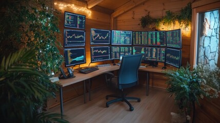 Poster - Panoramic view of financial trading room filled with screens displaying market trends and data.