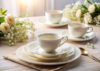 Canvas Print - Refined white porcelain cup and plate ensemble on a stylish table, embellished with delicate floral decor, perfect for high-end dining aesthetics and fashion photography shoots.