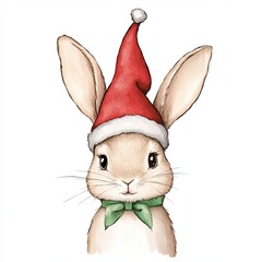 Festive rabbit in a Santa hat and green bow tie