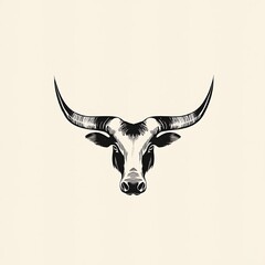 Poster - A black and white illustration of a bull's head with large horns against a cream background.