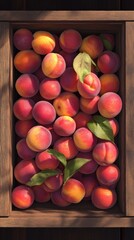 A wooden crate filled with vibrant peaches and green leaves, softly lit by sunlight. This image is perfect for showcasing summer fruits, organic produce, and farm-to-table concepts.