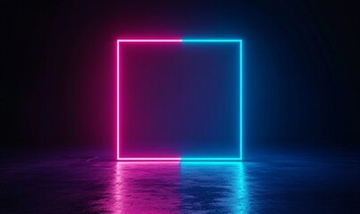 Poster - a glowing neon square with vibrant pink and blue lights set against a dark background, creating an i