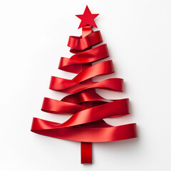 Wall Mural - christmas tree silhouette made with red ribbon. a festive red ribbon christmas tree decorations agai
