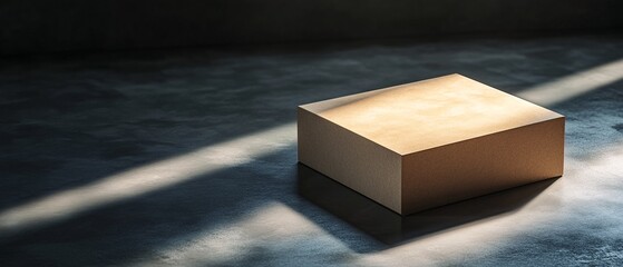 Poster - A simple, minimalistic wooden box illuminated by soft light, creating subtle shadows on a dark surface, ideal for showcasing products or branding.