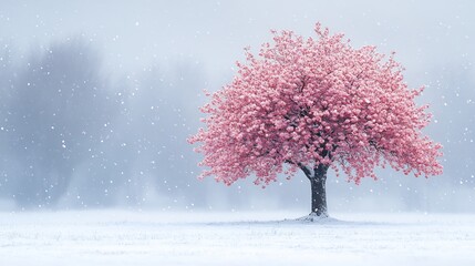 Poster - Picturesque spring blossom tree partially covered in snow with gentle snowfall creating a whimsical atmosphere offering a beautiful backdrop with space for your text or message