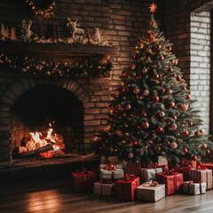 Wall Mural - christmas tree decorated with lights and gifts inside the house with fireplace