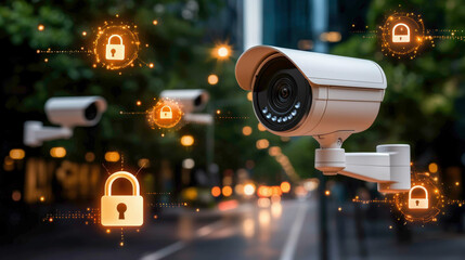 Surveillance cameras monitoring a city street, with glowing padlock icons representing data security and protection. The scene symbolizes modern surveillance and encrypted safety systems.