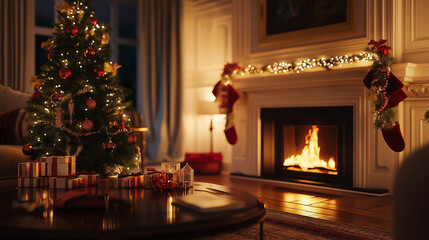 Wall Mural - christmas tree decorated with lights and gifts inside the house with fireplace