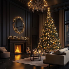 Wall Mural - christmas tree decorated with lights and gifts inside the house with fireplace