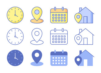 Set of minimalist flat and outline time, date, location icons. Clock, calendar, map pin, house.