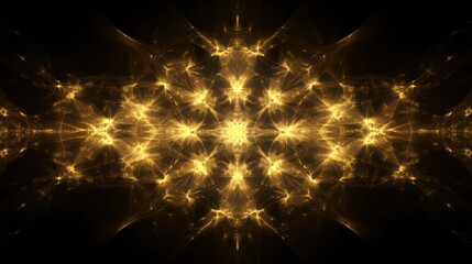 Poster - symmetrical geometric shapes resembling shimmering snowflakes emit a golden glow, contrasting beauti