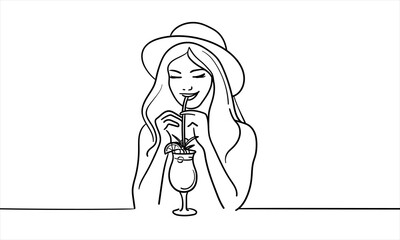 Poster - Girl drinks a cocktail and enjoys on white background. Vector illustration