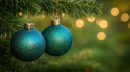 Two green Christmas baubles hanging on a tree adorned with golden bokeh lights