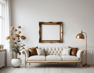 Mock up frame hanging on a white wall with luxurious vintage furniture