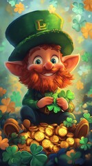 Poster - Playful Irish cartoon featuring a mischievous leprechaun hiding gold coins behind shamrocks with colorful banners and festive elements perfect for celebrating the joy of St Patrick's Day