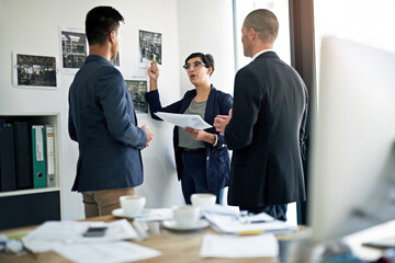 Aufkleber - Documents, feedback and meeting with business people in office together for coaching or development. Conversation, review or training with employee man and woman group in corporate workplace