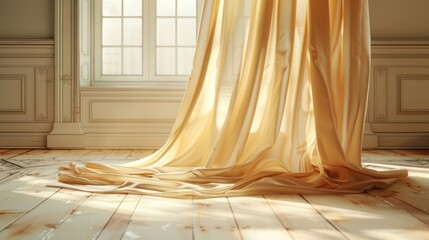 Sunlight streams through a window, illuminating a flowing, golden curtain on a wooden floor.