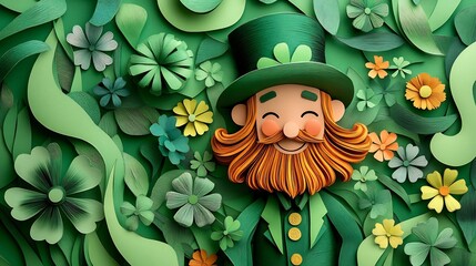Poster - Playful paper art depiction of an Irish man smiling with clovers and blooming flowers featuring a bright green background that highlights the festive spirit of St Patrick's Day
