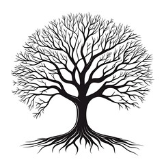 Poster - A black and white silhouette of a bare tree with visible roots against a white background.