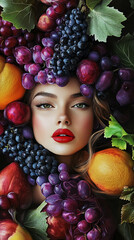 portrait of a beautiful girl with makeup on her face. The face is located between juicy fruits and grapes.