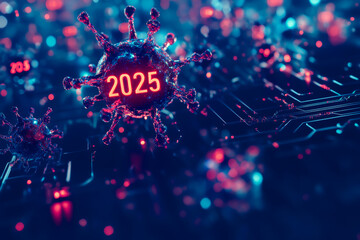 Wall Mural - A computer screen with a virus on it and the year 2025. The virus is glowing red and blue