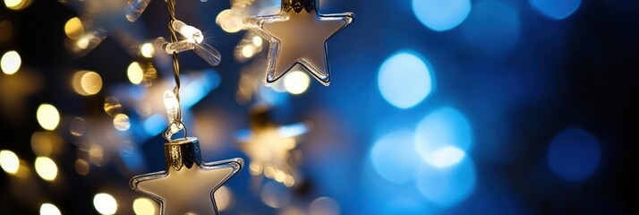 Poster - Twinkling Christmas lights dangle against a backdrop of a starry night sky, enhancing the magical holiday spirit and cozy ambiance. Generative AI